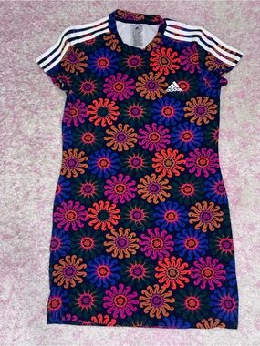 adidas Black Jersey Dress with Vibrant Floral Motif